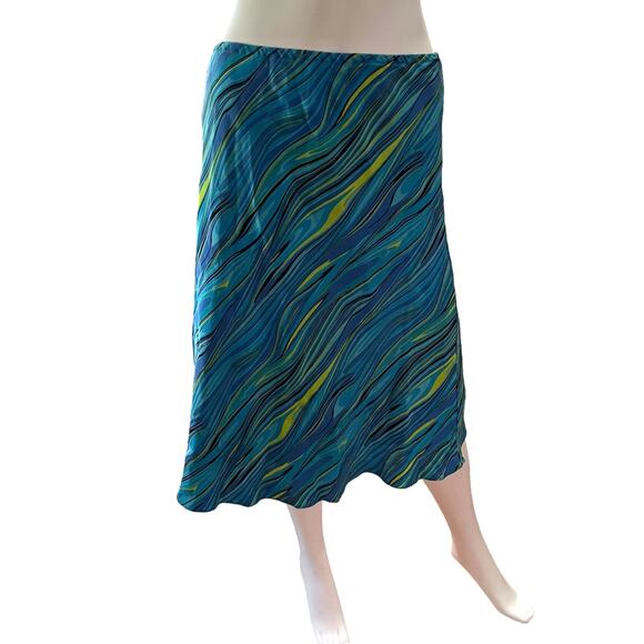 Vintage Sandra y2k 100% Silk Blue Green Swirl Low Waist Midi Slip Skirt 10 - Picture 1 of 6
